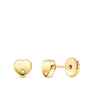 18K PENDIENTES ORO AMARILLO CORAZON CIRCONITA 6MM CIERRE TUERCA