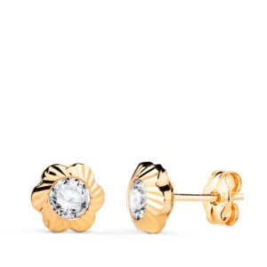 18K PENDIENTES ORO AMARILLO FLOR ORLA TALLADA CIRCONITA. MEDIDA: 7MM CIERRE PRESION