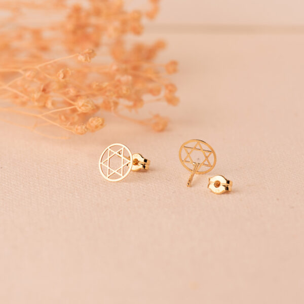 18K PENDIENTES ORO AMARILLO REDONDOS ESTRELLA DE DAVID BRILLO 8 MM. CIERRE PRESION - Imagen 2