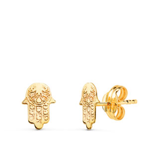 18K PENDIENTES ORO AMARILLO MANO DE FATIMA RELIEVE 7 X 5 MM. CIERRE PRESION