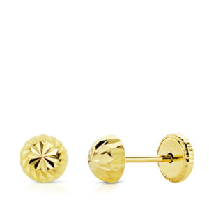 18K PENDIENTES ORO AMARILLO MEDIA BOLA TALLADA 5 MM CIERRE TUERCA