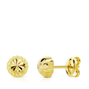 18K PENDIENTES ORO AMARILLO MEDIA BOLA TALLADA 6 MM CIERRE PRESION