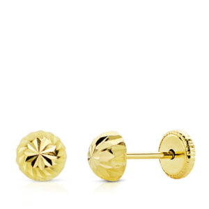 18K PENDIENTES ORO AMARILLO MEDIA BOLA TALLADA 6 MM CIERRE TUERCA
