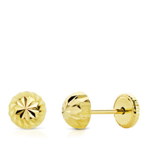 18K PENDIENTES ORO AMARILLO MEDIA BOLA TALLADA 7 MM CIERRE TUERCA