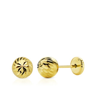 18K PENDIENTES ORO AMARILLO BOLA TALLADA 6 MM TUERCA