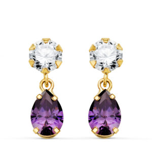 18K PENDIENTES ORO AMARILLO DOS CUERPOS CON CIRCONITA Y AMATISTA LAGRIMA 16 X 5MM. CIERRE PRESION