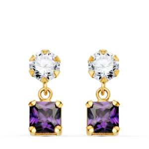 18K PENDIENTES ORO AMARILLO DOS CUERPOS CON CIRCONITA Y AMATISTA CUADRADA 14 X 5MM. CIERRE PRESION