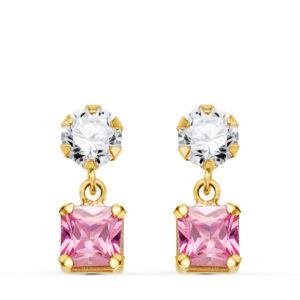 18K PENDIENTES ORO AMARILLO DOS CUERPOS CON CIRCONITA Y PIEDRA ROSA CUADRADA 14 X 5MM. CIERRE PRESION