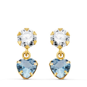 18K PENDIENTES ORO AMARILLO DOS CUERPOS CON CIRCONITA Y AGUAMARINA CORAZON 14 X 5MM. CIERRE PRESION