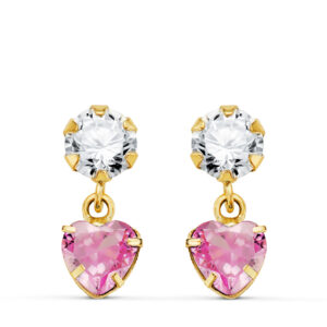 18K PENDIENTES ORO AMARILLO DOS CUERPOS CON CIRCONITA Y PIEDRA ROSA CORAZON 14 X 5MM. PRESION