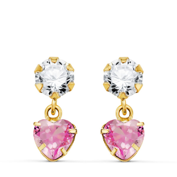 18K PENDIENTES ORO AMARILLO DOS CUERPOS CON CIRCONITA Y PIEDRA ROSA CORAZON 14 X 5MM. PRESION