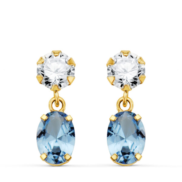 18K PENDIENTES ORO AMARILLO DOS CUERPOS CON CIRCONITA Y AGUAMARINA OVAL 16 X 5MM. CIERRE PRESION