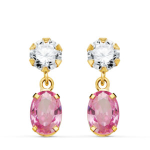18K PENDIENTES ORO AMARILLO DOS CUERPOS CON CIRCONITA Y PIEDRA ROSA OVAL 16 X 5MM. CIERRE PRESION