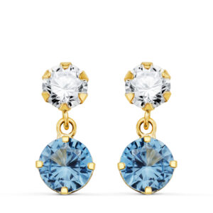 18K PENDIENTES ORO AMARILLO DOS CUERPOS CON CIRCONITA Y AGUAMARINA REDONDA 15 X 6MM. CIERRE PRESION