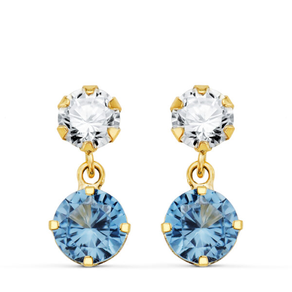 18K PENDIENTES ORO AMARILLO DOS CUERPOS CON CIRCONITA Y AGUAMARINA REDONDA 15 X 6MM. CIERRE PRESION