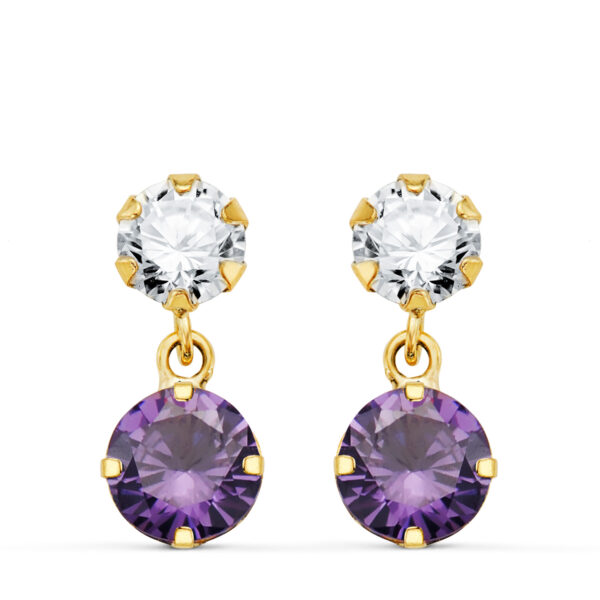 18K PENDIENTES ORO AMARILLO DOS CUERPOS CON CIRCONITA Y AMATISTA REDONDA 15 X 6 MM. CIERRE PRESION