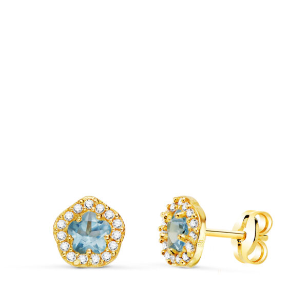 18K PENDIENTES ORO AMARILLO FLOR CIRCONITA Y AGUA MARINA 7 X 6,5 MM. CIERRE PRESION