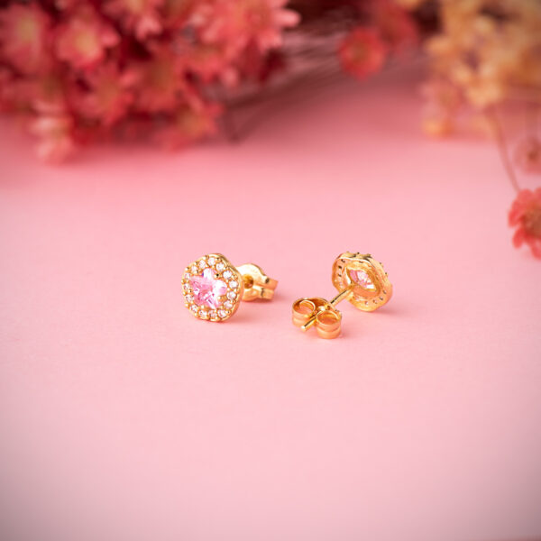 18K PENDIENTES ORO AMARILLO FLOR CIRCONITA Y PIEDRA ROSA 7 X 6,5 MM. CIERRE PRESION - Imagen 2