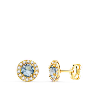 18K PENDIENTES ORO AMARILLO REDONDOS CIRCONITA Y AGUA MARINA 6,5 MM. CIERRE PRESION