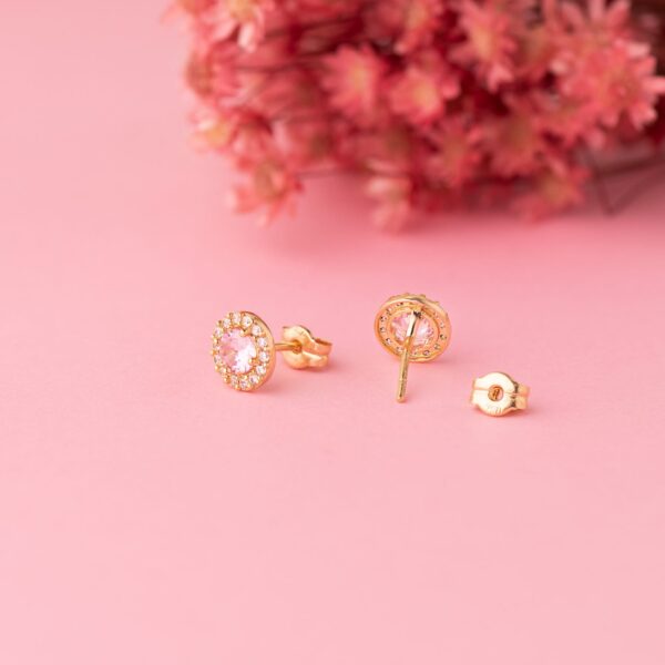 18K PENDIENTES ORO AMARILLO REDONDOS CIRCONITA Y PIEDRA ROSA 6,5 MM. CIERRE PRESION - Imagen 2