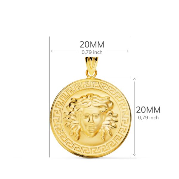 18K MEDALLA ORO AMARILLO MEDUSA CON BORDE DE GRECA MATIZADA 20 MM - Imagen 2