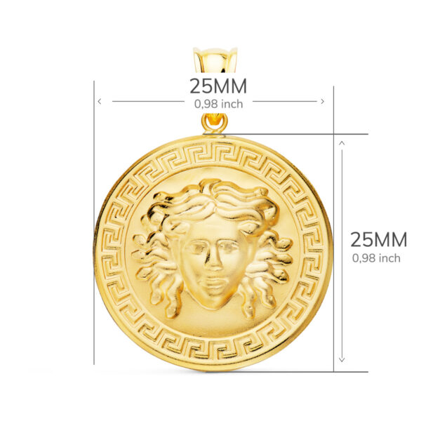 18K MEDALLA ORO AMARILLO MEDUSA CON BORDE DE GRECA MATIZADA 25 MM - Imagen 2