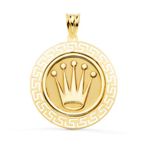 18K MEDALLA ORO AMARILLO CORONA CON BORDE DE GRECA CALADA. 27 MM