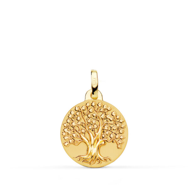 18K MEDALLA ORO AMARILLO ARBOL DE LA VIDA MATIZADA y BRILLO 16 MM