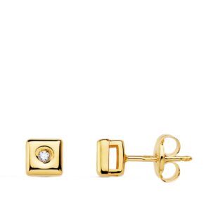 18K PENDIENTES CHATON ORO AMARILLO CUADRADO DIAMANTES 0,030 QTS.G-VS2 CIERRE PRESION 5MM