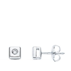 18K PENDIENTES CHATON ORO BLANCO CUADRADO DIAMANTES 0,030 QTS. G-VS2 CIERRE PRESION 5 MM