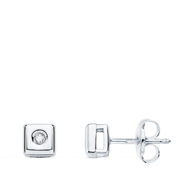 18K PENDIENTES CHATON ORO BLANCO CUADRADO DIAMANTES 0,030 QTS. G-VS2 CIERRE PRESION 5 MM