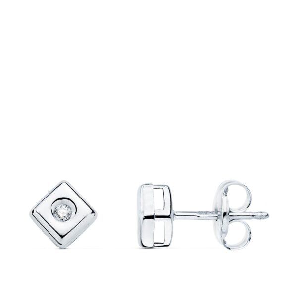 18K PENDIENTES CHATON ORO BLANCO CUADRADO DIAMANTES 0,030 QTS. G-VS2 CIERRE PRESION 5 MM - Imagen 2