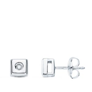 18K PENDIENTES CHATON CUADRADO ORO BLANCO DIAMANTES 0,040 QTS. G-VS2 CIERRE PRESION 5,5 MM