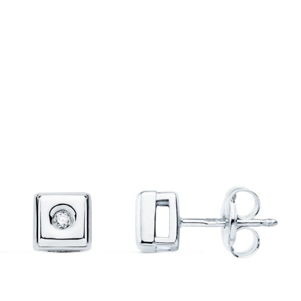 18K PENDIENTES CHATON CUADRADO ORO BLANCO DIAMANTES 0,040 QTS. G-VS2 CIERRE PRESION 5,5 MM