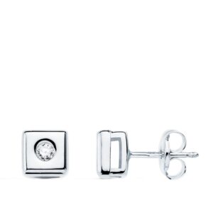 18K PENDIENTES ORO BLANCO CUADRADOS 6 mm DIAMANTES 0,100 QTS. G-VS2. CIERRE PRESION