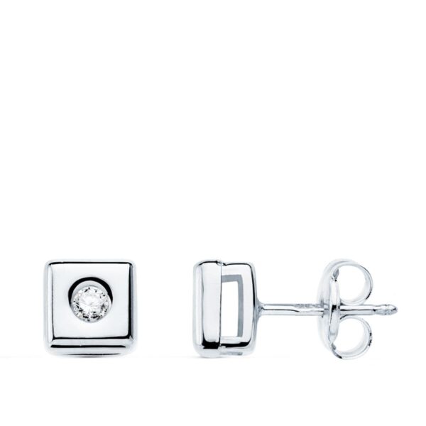 18K PENDIENTES ORO BLANCO CUADRADOS 6 mm DIAMANTES 0,100 QTS. G-VS2. CIERRE PRESION