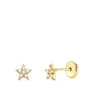 18K PENDIENTES ORO AMARILLO ESTRELLAS CON DIAMANTES 0.06 QTS SI-H. 4MM CIERRE TUERCA