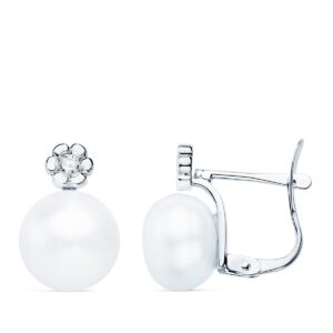 18K PENDIENTES ORO BLANCO DIAMANTES 0.06 QTS G-VS2. PERLA 9 MM 13X9 MM CIERRE CATALAN