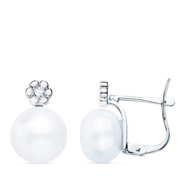 18K PENDIENTES ORO BLANCO DIAMANTES 0.06 QTS G-VS2. PERLA 9 MM 13X9 MM CIERRE CATALAN