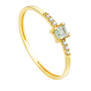 18K SORTIJA ORO AMARILLO 6 DIAMANTES 0,030QTS. G-VS2 AGUAMARINA 3X3MM CUERPO 1MM