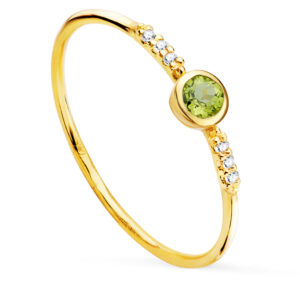 18K SORTIJA ORO AMARILLO 6 DIAMANTES 0,030 QTS. G-VS2. OLIVINA 3 MM