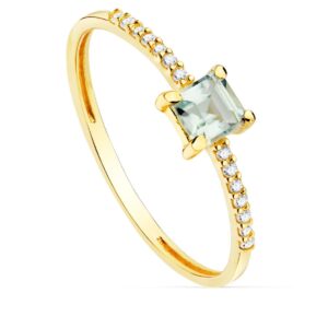 18K SORTIJA ORO AMARILLO 14 DIAMANTES 0.070 QTS. G-VS2 AGUAMARINA 4X4 MM ANCHO 1 MM