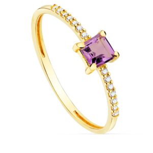 18K SORTIJA ORO AMARILLO 14 DIAMANTES 0.070 QTS. G-VS2. AMATISTA 4X4 MM CUERPO 1 MM