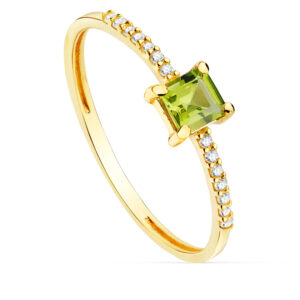 18K SORTIJA ORO AMARILLO 14 DIAMANTES 0.070 QTS. G-VS2. OLIVINA 4X4 MM CUERPO 1 MM