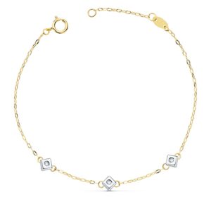 18K PULSERA ORO BICOLOR CHATON DE 3 ROMBOS CON DIAMANTES SI-H 0.045 QTS. 17CM