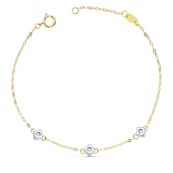 18K PULSERA ORO BICOLOR CHATON DE 3 ROMBOS CON DIAMANTES SI-H 0.045 QTS. 17CM