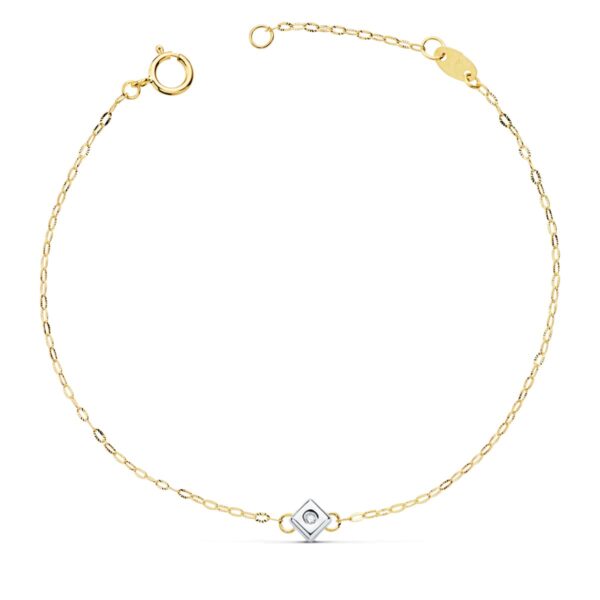 18K PULSERA ORO BICOLOR CHATON DE ROMBO CON DIAMANTE SI-H 0.015 QTS. 19CM
