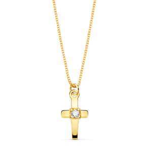 18K COLLAR ORO AMARILLO CRUZ 8X4.5MM1 DIAMANTE 0,015QT. CADENA VENECIANA 45CM G-VS2
