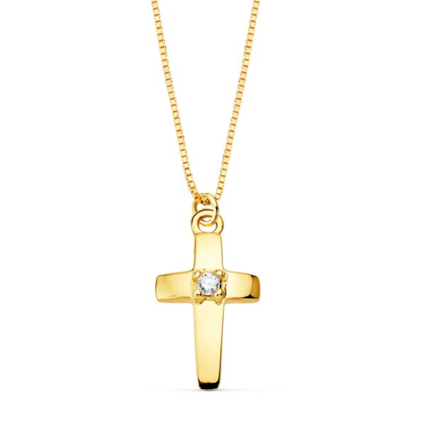 18K COLLAR ORO AMARILLO CRUZ 12X7 MM 1 DIAMANTE 0,015 QT. CADENA VENECIANA 45CM G-VS2