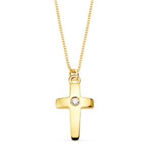 18K COLLAR ORO AMARILLO CRUZ 11X7 MM 1 DIAMANTE 0,015QT. CADENA VENECIANA 45CM G-VS2